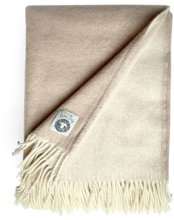 JOWOLLINA & WoolOnly Plaid mit Fransen aus 100% feiner Merinowolle (130x180 cm, Chai Latte)