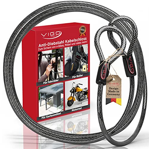 VIGO SPORTS® Panzer Stahlseil mit Ösen [2m] I 10mm starkes Kabelschloss zum Schutz deines Fahrrad, Grill, Gartenmöbel oder Kinderwagen vor Spontan Diebstahl I Witterungsbeständig und Langlebig (3Stk)