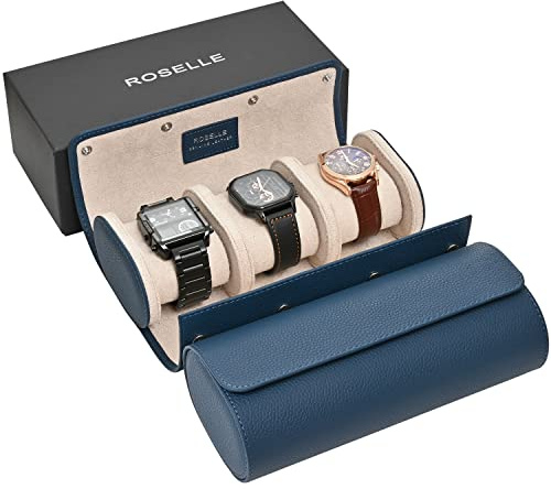 ROSELLE Echtleder-Uhrenrolltasche für 3 Uhren mit luxuriösem Futter, Schutz, Transport, Aufbewahrung und Präsentation hochwertiger Uhren (3 Fächer, blau, Echtleder)