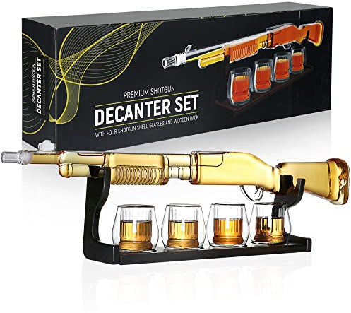 Pistole Dekanter Likörpistole Tequila Dekanter Set Alkohol Shotgun Geschenke für Männer Schnapspistolen Trinken Whisky Halter Flasche Dekor 31x6,5 Zoll 1000ml mit 4 Gläsern