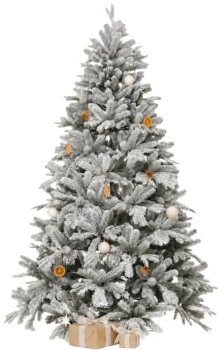 VIVANNO Künstlicher Weihnachtsbaum mit Schnee 180 cm Nordmanntanne | 100% PE Spritzguss, 1403 Zweigspitzen, biegsame Stahlzweige, inkl. Ständer – Frost Weiß, schwer entflammbar