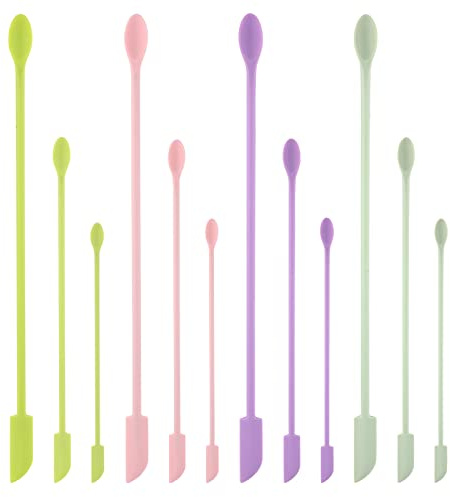 12 Stück Mini Silikon Spatel Kleine Schöpflöffel für Gläser 3 Größen Mini Silikon Löffel und Spachtel Set Dünner Kleiner Make-up Spatel Schaber für Küche Schmale Flasche Kosmetik (4 Farben)