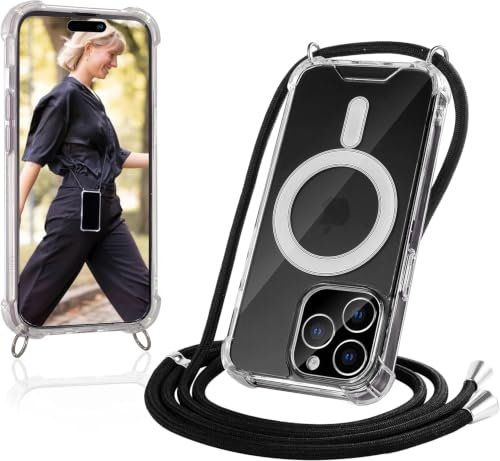 JProtect für iPhone 14 Pro Hülle mit Band und MagSafe – Magnetische Handykette für iPhone 14 Pro Magnet – Durchsichtige Umhängehülle Band Schwarz – Kette Handyhülle für MagSafe Zubehör