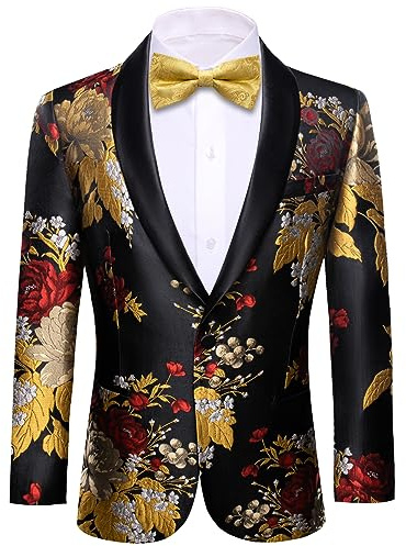 Barry.Wang Blazer décontracté à boutonnage simple pour homme avec broderie cachemire, Fleur de pivoine rouge dorée noire, XXL