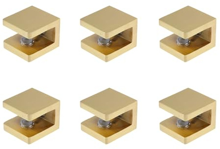 KUMGROT 6pcs Brass Glass Clamp Shower Shelf Clips Glass U Clamp Floating Glass Shelf Bracket Wall Moun Adjustable Support Bracket No Drill on Glass Clips for 8-10mm Glass Gold, KU1611