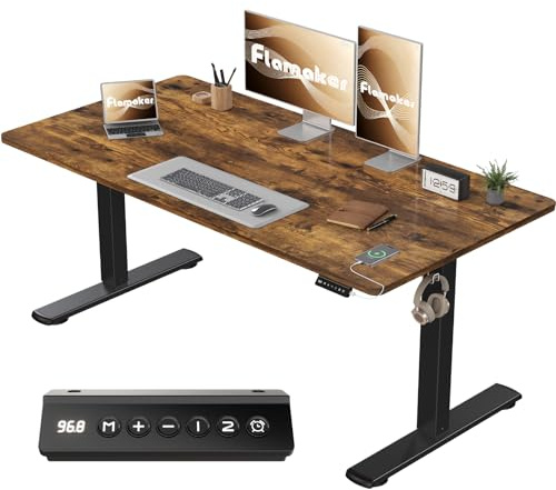 Flamaker Höhenverstellbarer Schreibtisch Ganze Tischplatte 140 x 60 cm, Schreibtisch Höhenverstellbar Elektrisch mit Memory Steuerung, Gaming Tisch mit Sitzende Erinnerung und USB-Aufladung (Braun)