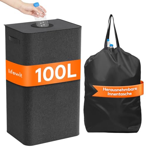 Lifewit 100L Pfandflaschen Sammelbehälter mit Deckel, Groß Pfandflaschen Aufbewahrung, Behälter Leergut & Altglas Aufbewahrung, Flaschensammler mit Loch Küche Abstellraum Flaschentasche, Dunkelgrau
