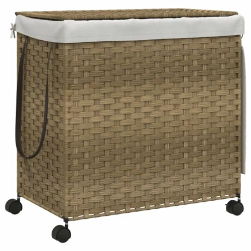 vidaXL Wäschekorb, Wäschesammler mit Rollen Deckel, Klappbar Wäschebox mit 3 Fächern Innentasche, Wäschetruhe Wäschetonne, 60x35x60,5cm Rattan