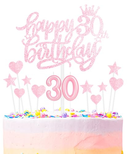 Happy 30th Birthday Candles Cake Toppers Set, Number 30 Candles for Cake, Birthday Party Candles, Light Pink Birthday Cake Candles Heart Star Cupcake Toppers for Girls Women Birthday Cake Decorations