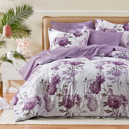 Purple Flower Bed in a Bag 7 Pieces Queen size Floral White Comforter Sheet Set Soft Microfiber Lightweight Summer Bed Set (1 Comforter 2 Pillow Shams 1 Flat Sheet 1 Fitted Sheet 2 Pillowcases)