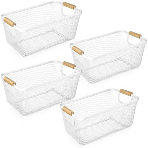 Ziliny 4 Stück Metalldrahtkorb mit Holzgriffen, Netz-Stahl-Aufbewahrungskörbe, Organizer für Zuhause, Schrank, Speisekammer, Schrank, Küche, Kühlschrank, Obst, Make-up, Snack, Geschenk (weiß, mittel)