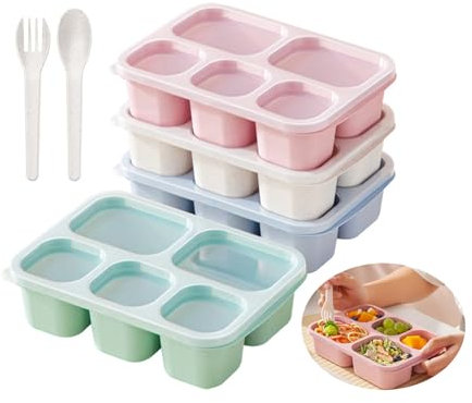 Hushtong Snack Box Containers for Adults，4 Pack Bento Lunch Box for Adult & Kids, 5 Compartment Adult Lunchable Containers with Utensils & Transparent Lids(Wheat)