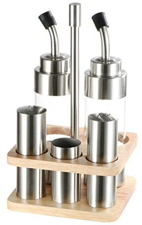 Huasean Salz- Und Pfefferstreuer, Essig-Öl-Set – 5-teiliges Gewürz-Set Mit Passendem Ständer, Menage-Set Mit Schraubverschluss Aus Edelstahl, Gewürzspender Für Küche, Restaurant, Grill
