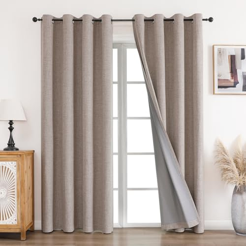 CUCRAF 100% Blackout Curtains Linen 90 Inch Drop 2 Panels Soft Texture Sun Blocking Thermal Eyelet Curtains for Bedroom Living Room 52 X 90 Inch