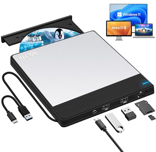 NOLYTH External CD Drive for Laptop: USB 3.0 & USB-C DVD Player Burner Reader for Mac PC Windows 11 with SD/TF/2 USB Ports Portable +/-RW Optical Drive for Apple MacBook