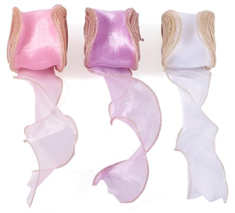 Crafans 3 rollos de cinta de organza brillante de 65 mm x 5 metros, 3 colores brillantes, cinta de gasa iridiscente para envolver regalos, ramo de boda