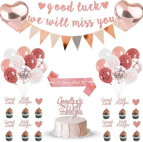 We Will Miss You Banner - Rose Gold Good Luck Sash Bunting Flags Confetti Balloons Heart Balloon Cupcake Toppers, Retirement Office Farewell Going Away Party, Sorry for Your Leaving Decorations