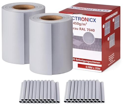 Electronicx PVC Sichtschutzstreifen für Gartenzaun - Hellgrau (RAL 7040), 70m (2 x 35m) x 19cm, Hochwertige 450g/m² UV-beständige Sichtschutzmatten, Außenbereich Sichtschutz mit 40 Clips