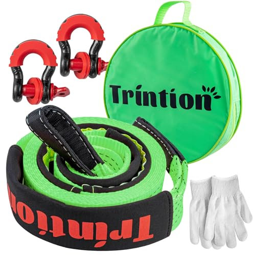 Trintion 10T (22.000 lbs) Abschleppseil Auto, 5M x 5cm, Polyester-Abschleppgurt mit 2 verstärkten Haken und 1 Paar Handschuhen, Hochleistungs-Auto-Abschleppseil für Offroad-Rettungs SUV Grün