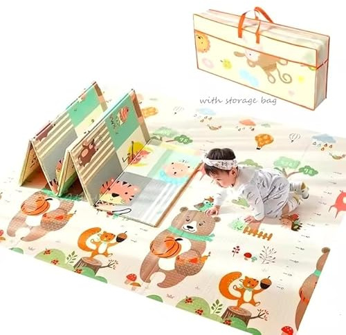 Tapis de Jeu pour Enfant Bebe 200 x150 x1cm Tapis de Sol XXL en Mousse Epais Pliable Reversible - 2 Design - Tapis d'éveil pour Bébé - Tapis de Sol Bebe Favorisant Le Développement Sensoriel -