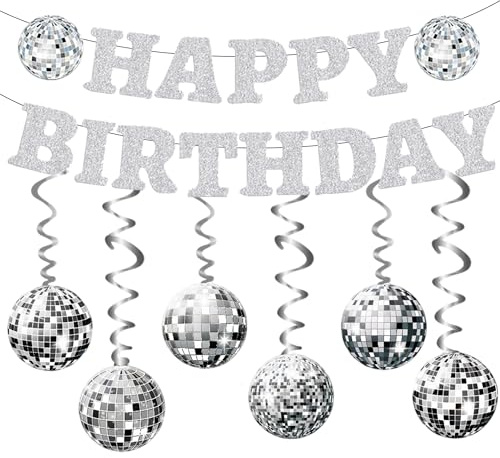 Silver Disco Birthday Party Decorations - Glitter Happy Birthday Banner 70s 80s Disco Balls Hanging, Paper Garland Sign Bunting for Disco Dance Party Supplies Set