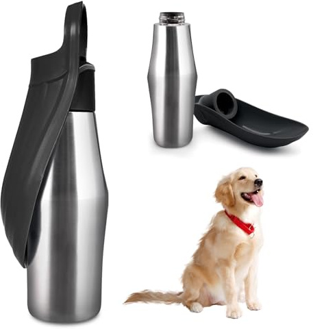 Gourde pour chien - 750 ml - En acier inoxydable - Pliable à 180° - Bouteille d'eau portable pour chien - Pour la marche, les parcs, le camping (noir, A)