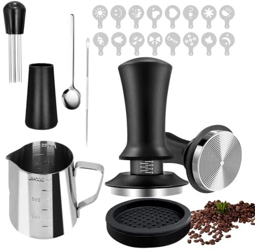 Ruioomeep Set di 22 tamper caffè da 51 mm, set da 22 pezzi, set da barista con pressa per espresso, mescolatore per caffè, cucchiaio, brocca per schiuma, tappetino per espresso, penna e stencil