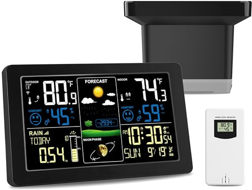 Digitaler Regenmesser und Wetterstation, Kabelloser Regenmesser Outdoor, Home Wetterstationen Kabellos Innen Außen mit Thermometer, Barometer, Hygrometer, Atomuhr, Wettervorhersage und Alarme
