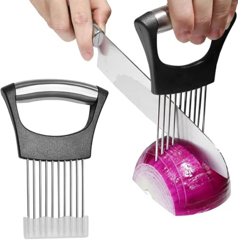 Soporte de Ceboll, con Funda Protectora,ayuda de corte de acero inoxidable, rebanador de frutas y verduras patatas soporte,Rebanador de Cebolla,para Cortar Carne, Verduras, Frutas, etc