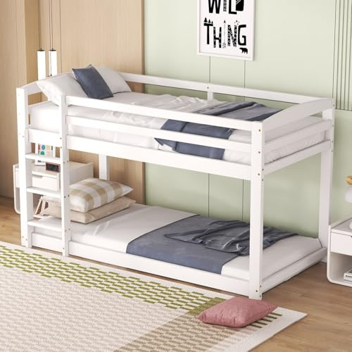 PUGSDRLY Lit Superposé Enfant 90x200cm,Lit Enfant 2 Places avec échelle,Cadre de lit Superposés en Pin Massif (Blanc)