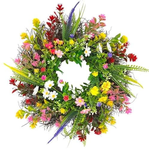 HeFZiYMOZaDP Ganzjährig Türkranz für Außen, Frühling Sommer Wildblume Kranz, Dekorative Mehrzweck-Girlande Frühlingkranz,Bunt Türkranz Frühling für Frühling Innen Außen Cafe Garten Deko（40cm）