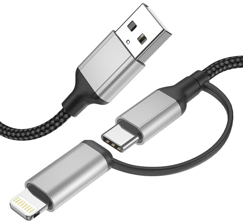 Cavo USB C 2 in 1 - 1,5 m - Cavo di ricarica rapida USB A a USB tipo C e cavo Lightning - Cavo di ricarica e dati per iPhone Samsung Huawei Xiaomi OnePlus Google - Nero/grigio