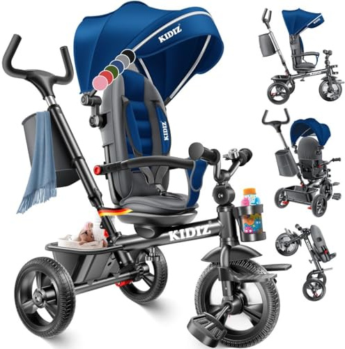 KIDIZ® Dreirad 6in1 Kinderdreirad mit Schubstange Lenkbar ab 9 Monaten bis 25Kg Jogger vorwärts & Rückwärtsfahrt, Korb Tasche Getränkehalter Sonnendach Gummiräder Buggy Fahrrad Baby Klappbar Blau