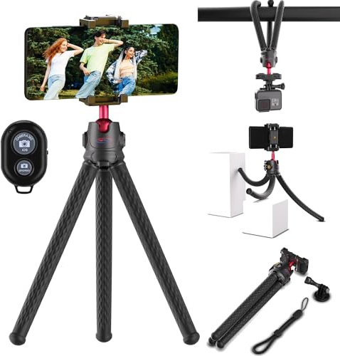 Digicharge Trípode para teléfono móvil, soporte flexible para smartphone/cámara de acción/DSLR con control remoto inalámbrico, rotación de 360°, transmisión en vivo/vlogging Gorilla Tri Pod Mount 12