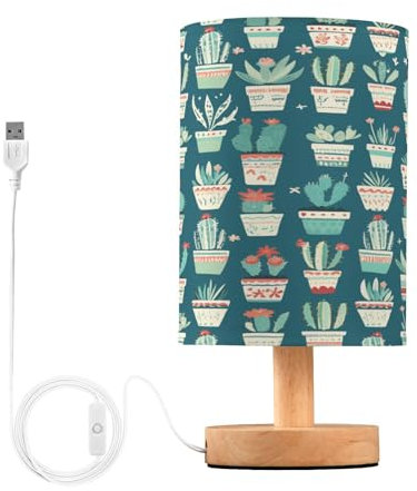 Cgiub Lampe de chevet en forme de cactus pour chambre à coucher, lampe de chevet LED, lampe de lecture avec abat-jour en tissu, base en bois et port USB pour bureau, salon, chambre d'enfant