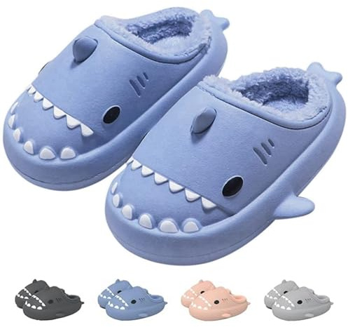 IDEINER Invierno Tiburón Zapatillas Mujer Hombre Forro de Felpa Tiburón Pantuflas Peluche Winter Shark Slides Térmico Impermeable Antideslizantes Cómodo Casa Slippers Adulto Azul Talla 38/39