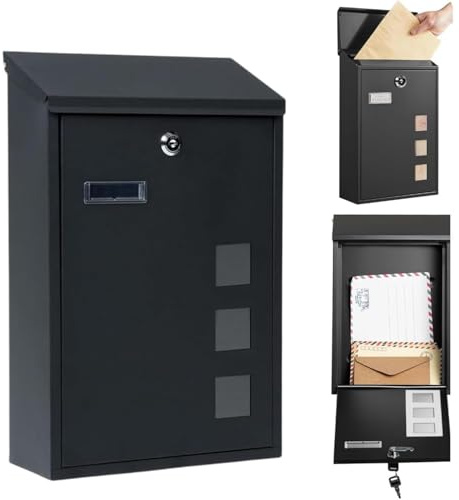 Thrink Wall Mounted Letter Box, Waterproof Lockable Galvanized Mail Box with 2 Keys, Nameplate & 3 Viewing Windows Large Black Post Box 40H x25W x10D Cm Outside For Home & Office