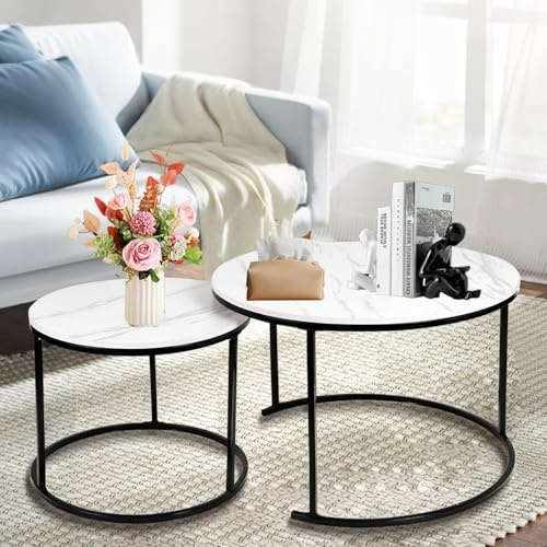 HUOLE Lot de 2 Tables Basses gigognes, Rondes Table d'appoint, pour Salon, Salle à Manger, Chambre, Balcon, 70 * 70 * 45cm - Noir et Blanc