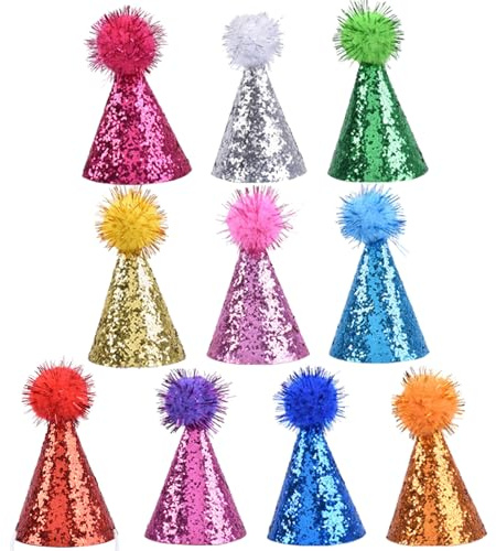 10 Stück verstellbare kleine Partyhüte Katzen Partyzubehör für Tiere und Hunde mit Glitzer, Funktionen für Geburtstag, Event, bunte Katzen, Geburtstagshut