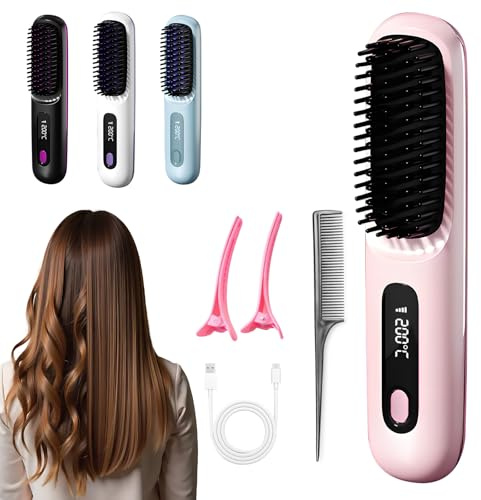 Go Brush Pro UK Cordless Hair Straightener Brush - 3-Speed Rechargeable Styling Brush for Travel & Daily Use, Hair-Friendly Design for Hairs Styling (Pink)