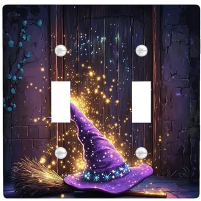 Halloween Witch Magic Broom Decorative Light Switch Cover Wall Plate 2 Gang Double Toggle, Fun Fantasy Witchy Hat Electrical Faceplate for Room, Witchy Scenic Switchcover Switchplate