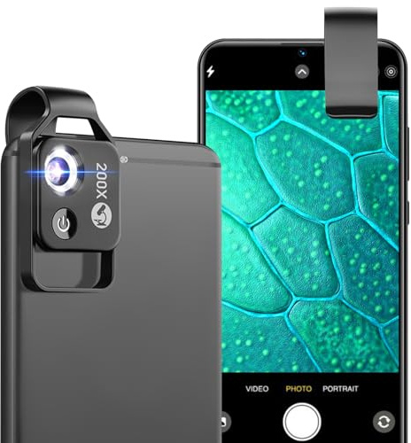 Microscopio portátil para teléfono móvil, 200 unidades, lente de microscopio con luz LED, con clip adaptador para smartphone, regalo al aire libre para 4-12 años (negro)