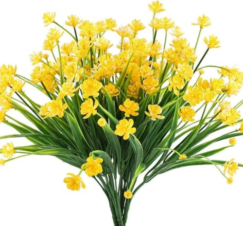 Minnhua 4pcs Jonquille Artificielle Faux Fleur en Plastique Jaune Verdure Arbustes Plantes Buissons en Plastique Intérieur Extérieur Jardinière Suspendu en Plastique Cimetière Décor