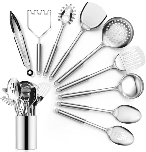 Joyfair 10 Pcs Stainless Steel Kitchen Cooking Utensils Set with Holder | Food Grade, Non Toxic & Rust Free, Turner/Spoons/Tongs/Ladle/Pasta Server/Potato Masher, Easy Clean & Dishwasher Safe