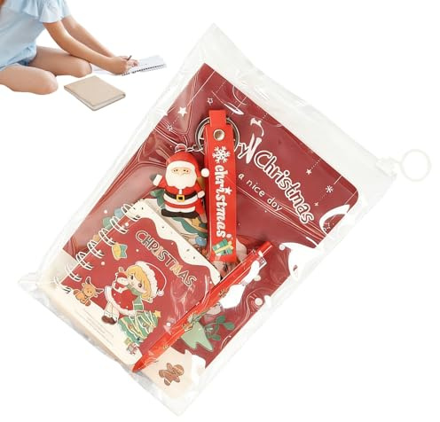 JINGLING Skrivset för flickor – jul skolhäfte med penna, jultomtenyckelring – för barn och elever för hem, skola och klassrum, studier, gör anteckningar