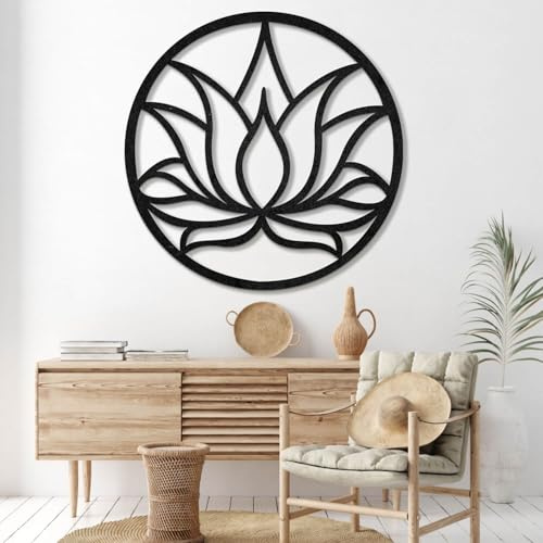 Metall-Wandkunst, Wanddekoration Lotusblume, Hängender Lotus, Lotusblume, Lotus-Silhouette für Yogastudio, Wohnzimmer, Homeoffice-Dekoration (Schwarz,