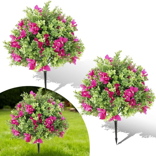 Garvee Set of 2 Artificial Boxwood Topiary Ball Trees - UV Resistant Faux Greenery & Silk Flowers - With Ground Spikes - Decorative Fake Shrubs for Indoor Outdoor Porch, Planters, Wedding, Purple