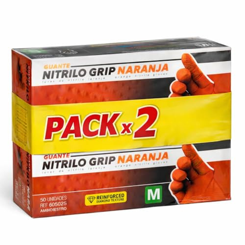 100 Guantes Nitrilo Diamantados Naranjas M - Guantes Trabajo (Sin latex)