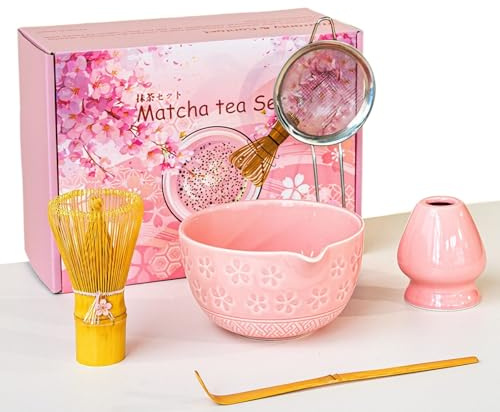 LXTaoler Matcha Whisk Set, Pink Matcha Set | Include Matcha Bowl, Bamboo Whisk, Bamboo Scoop, Stainless Steel Sifter and Holder, 5 Pcs Matcha Kit for Gift, Lover, Friends