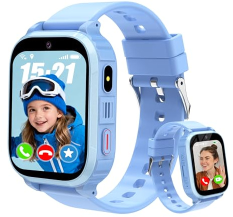 Reloj Inteligente Niño 4G, Reloj GPS Niños Localizador y Llamadas, Boton SOS, Chat, Videollamada, Despertador, Modo Clase, Album de Fotos, Podómetro, IP68 Impermeable, Regalo de Cumpleaños de Navidad